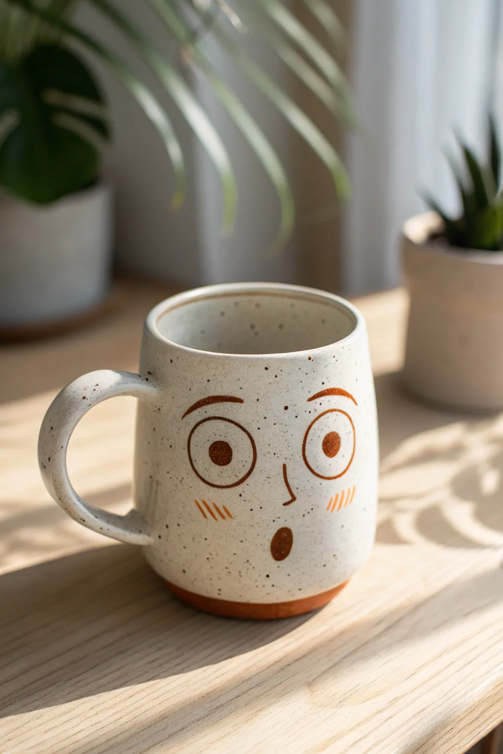 Wide-eyed clay mug face with tiny O mouth, a simple surprise look for cozy pottery days
