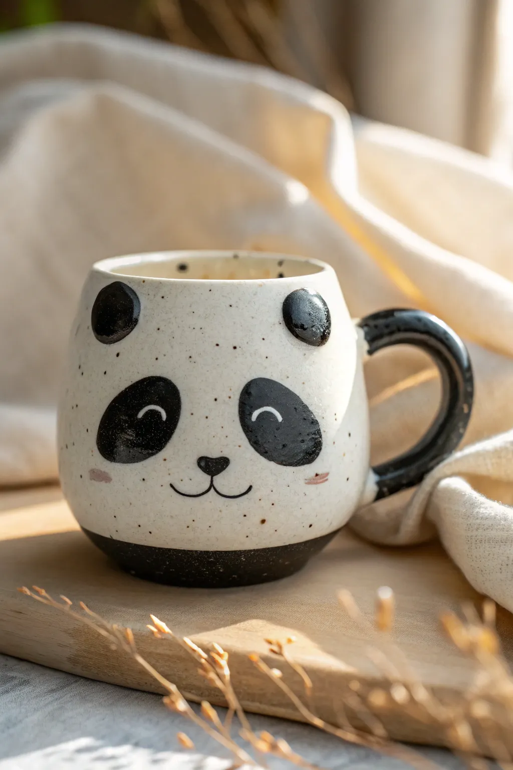 Minimal panda mug with puffy cheeks in crisp black and white, cozy Scandinavian styling.