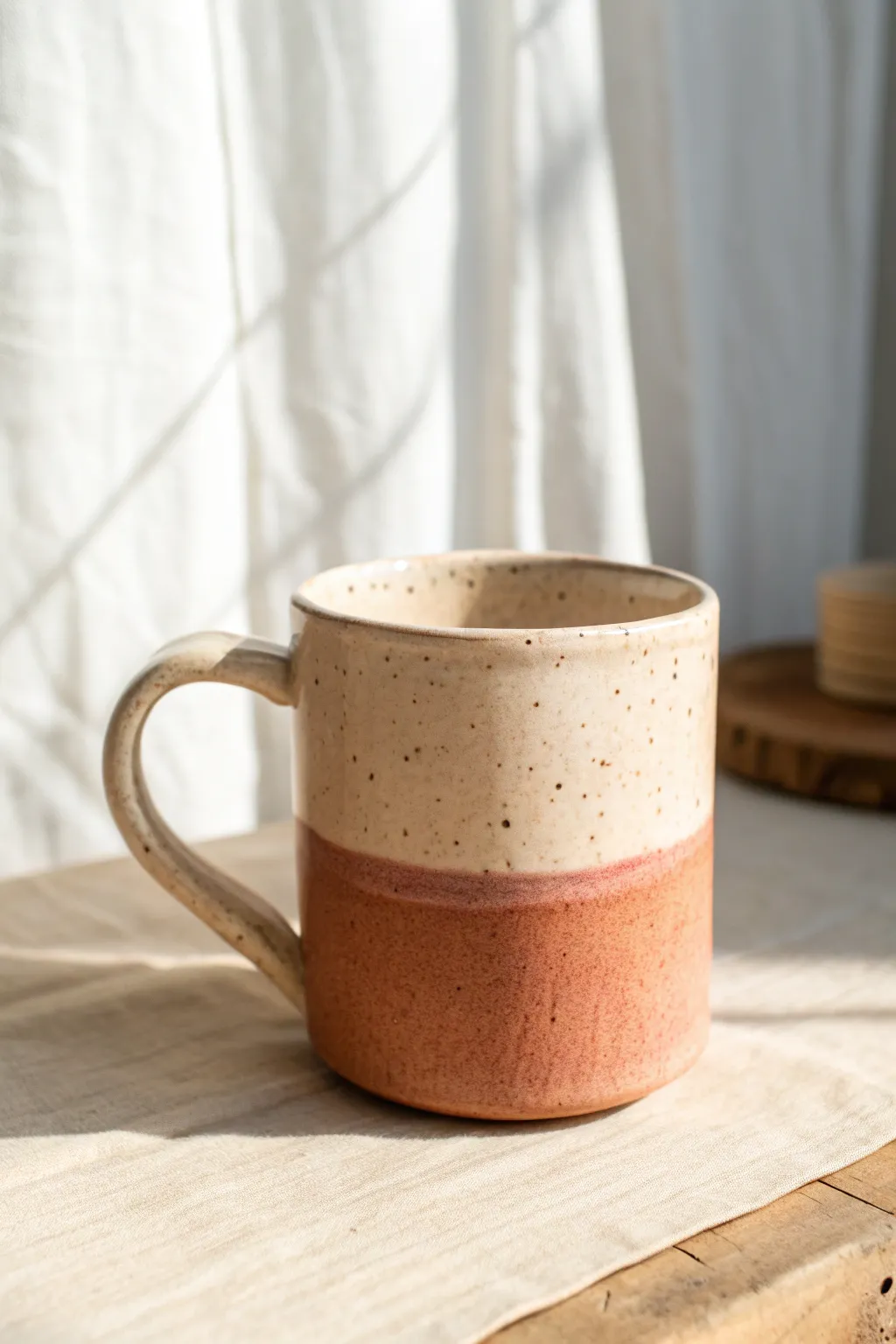 Two-tone color-blocked clay mug with a crisp divide, soft matte glazes, and clean minimal form