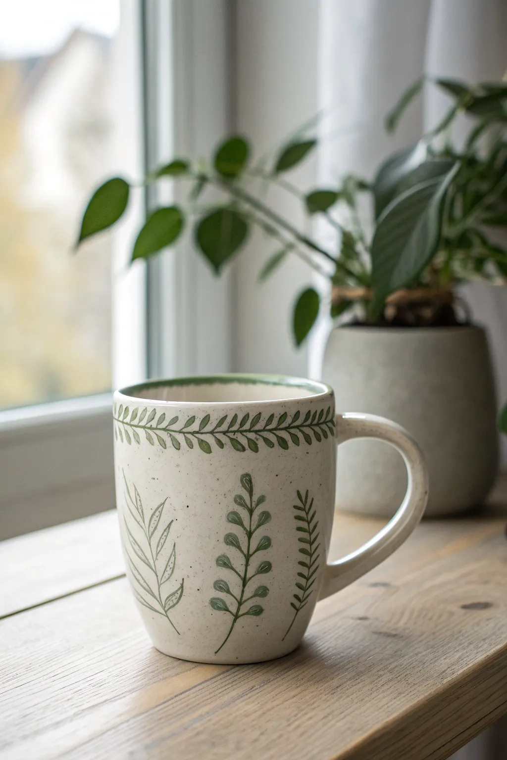 Simple leafy vine crown around the rim, a calm botanical touch for your painted clay mug.
