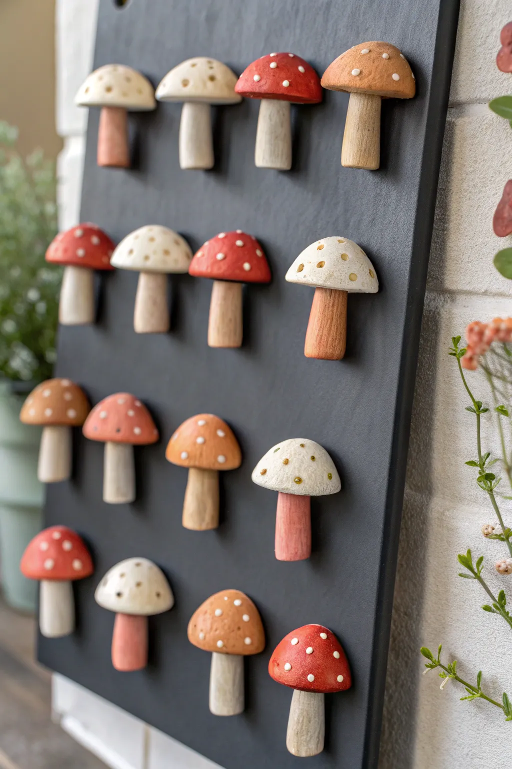 Chunky clay mushroom magnets in a tidy grid, adding cozy handmade charm to any fridge.