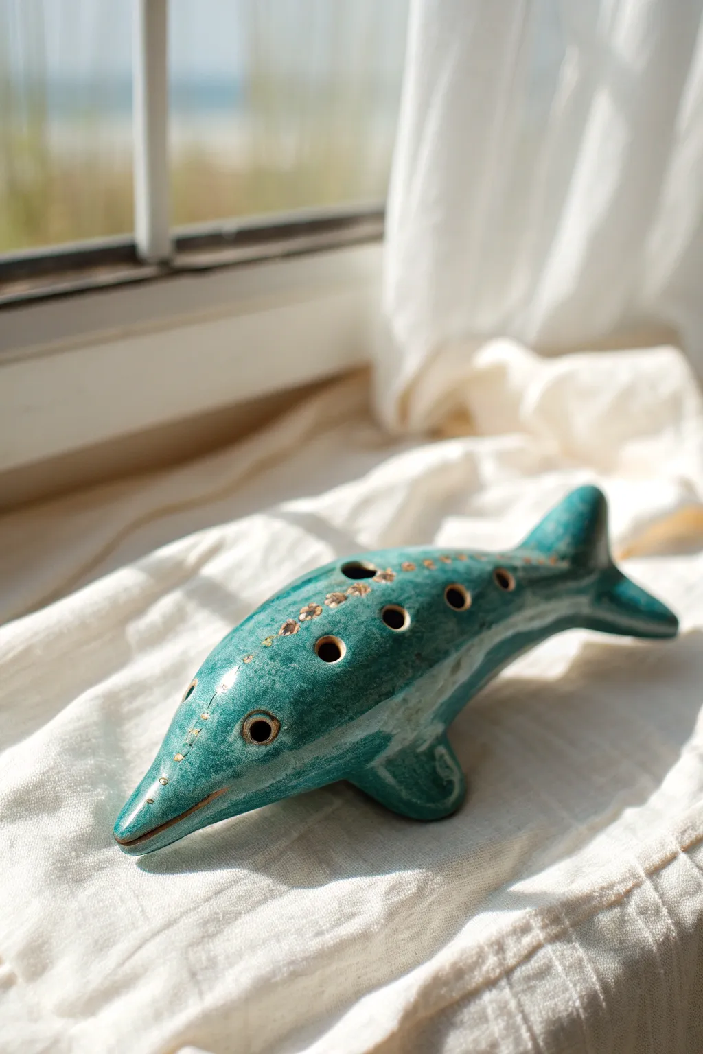 Dolphin-inspired clay ocarina in ocean hues, minimalist curves, and easy finger holes for hobbyists.