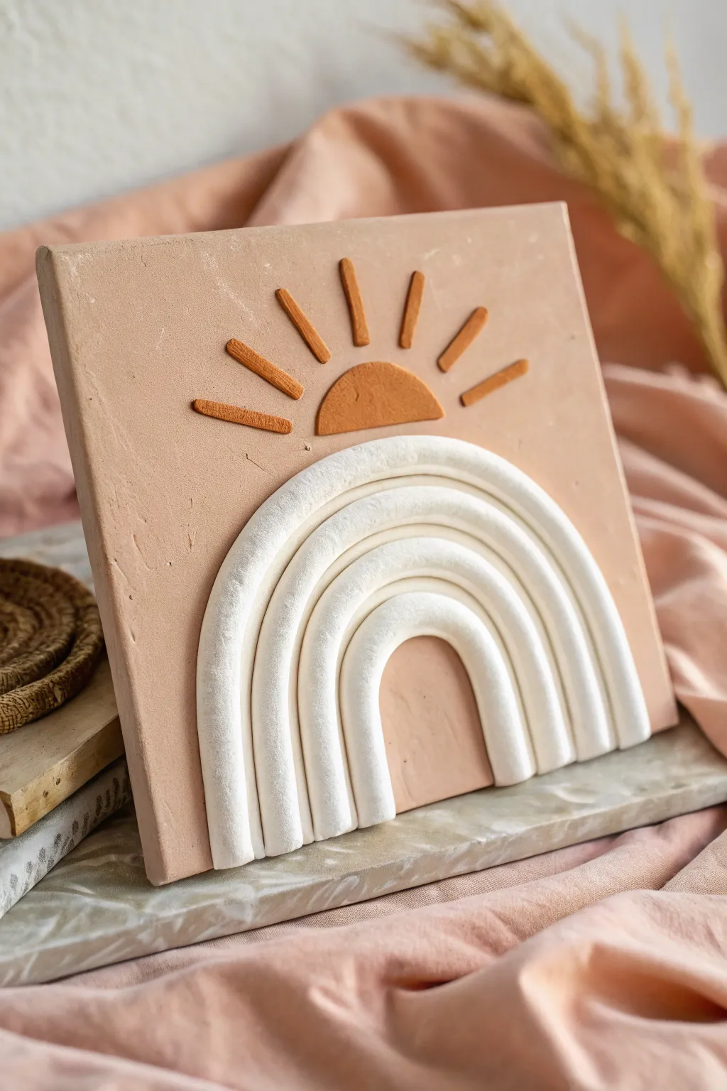 Minimal clay arch with a sun motif on canvas, warm tones, crisp shadows, and calm Nordic style.