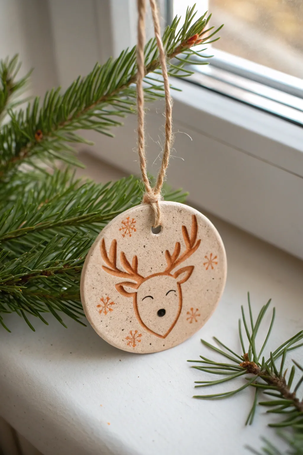 Simple reindeer face clay medallion in earthy tones, hanging from pine for cozy minimalist decor.