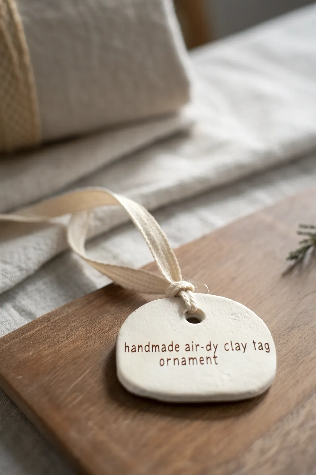 Minimal clay name and year tag ornament with linen ribbon, a sweet keepsake kids can make