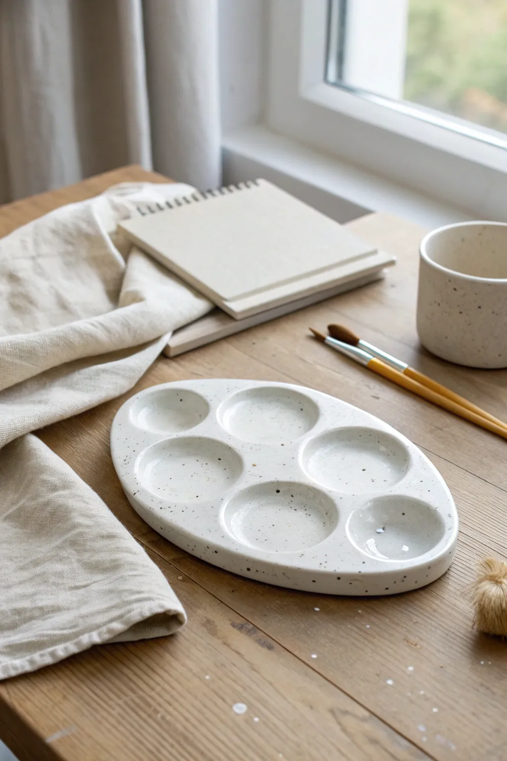Glossy white ceramic palette with speckled clay edges for a calm minimalist studio look