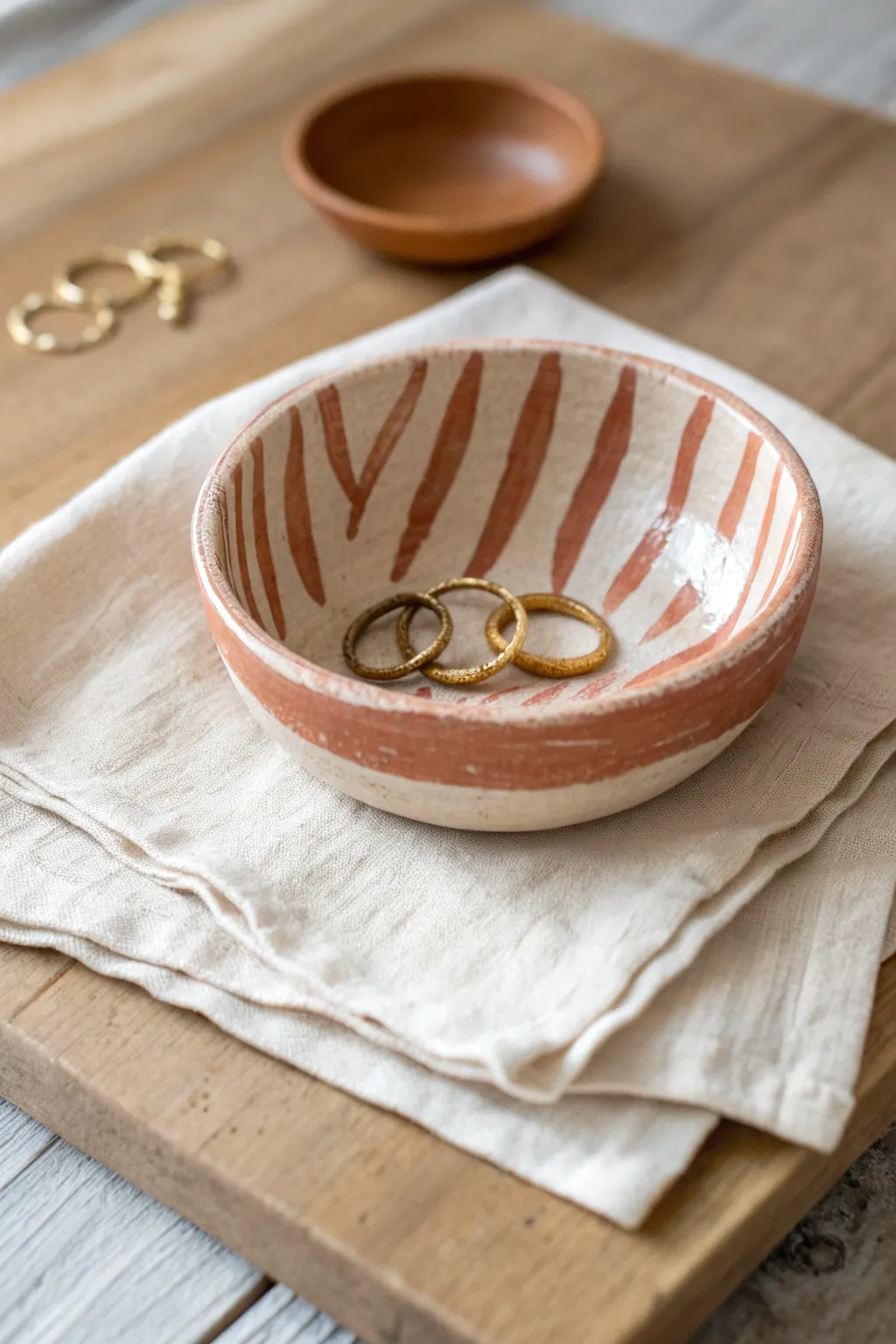 Hand-painted stripes on a warm, minimalist catch-all bowl styled with simple rings and keys