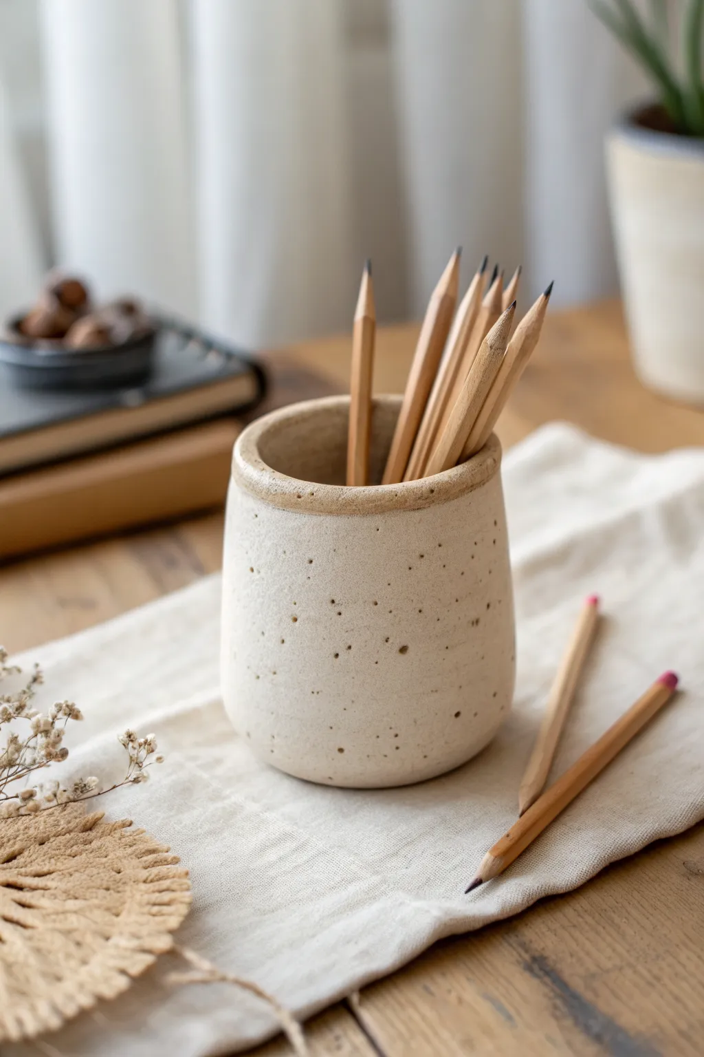 Cozy pinch-pot clay pen cup with soft finger marks, minimalist and desk-ready charm