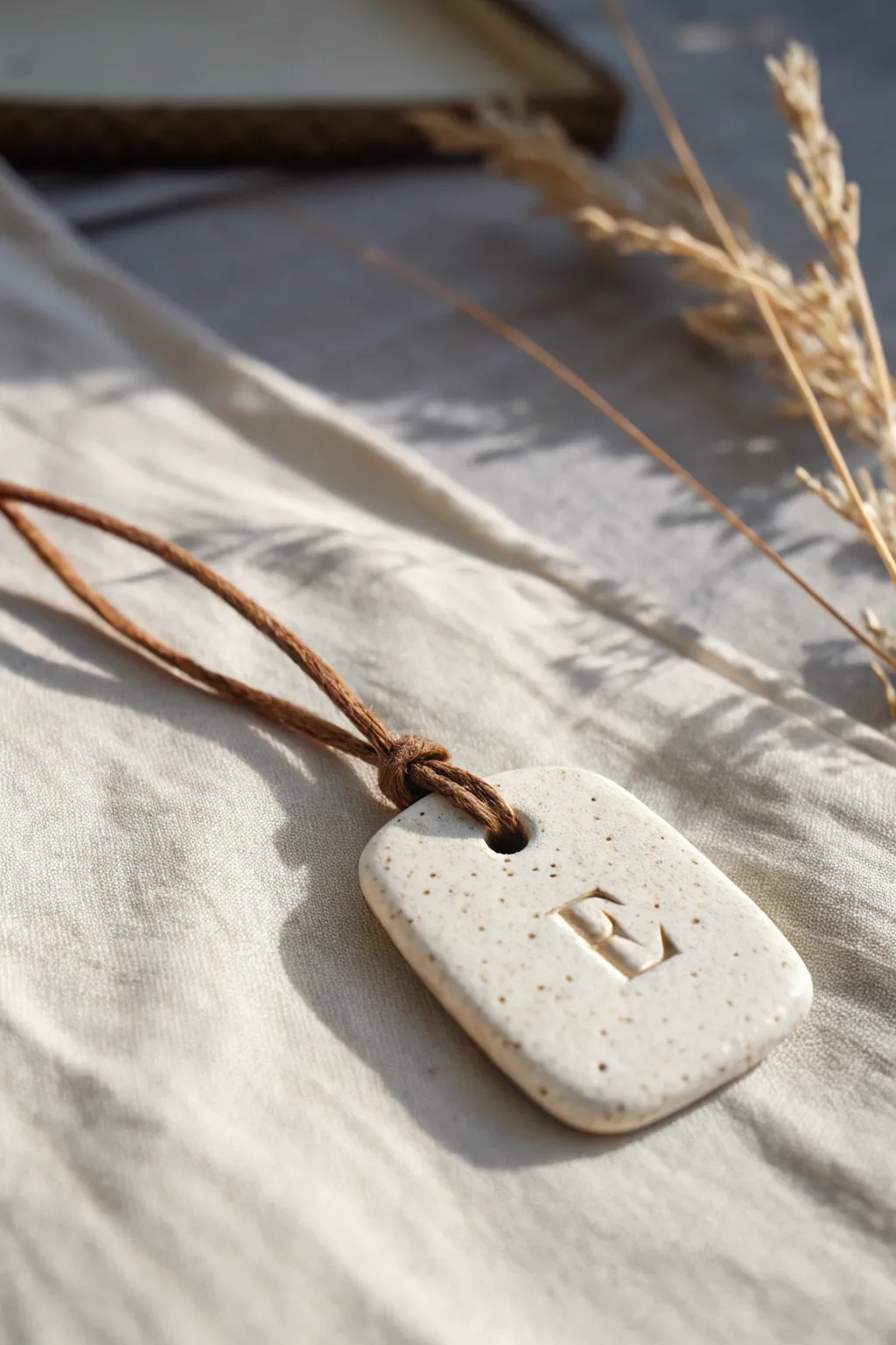 Minimal stamped initial clay tag pendant in warm neutral tones, perfect for personalized gifting.