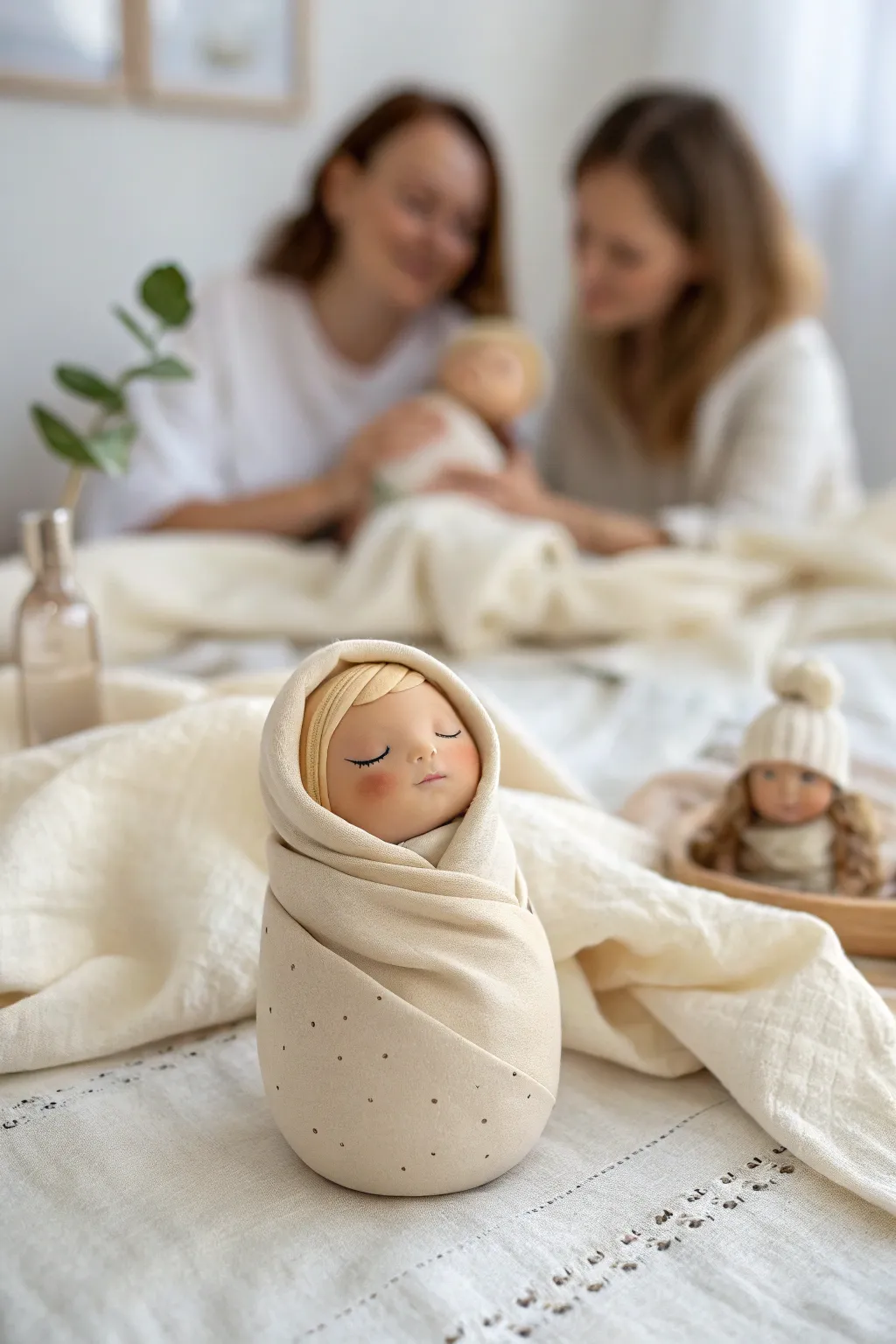 Sweet swaddled clay baby add-on that brings warmth and story to your simple clay people set.