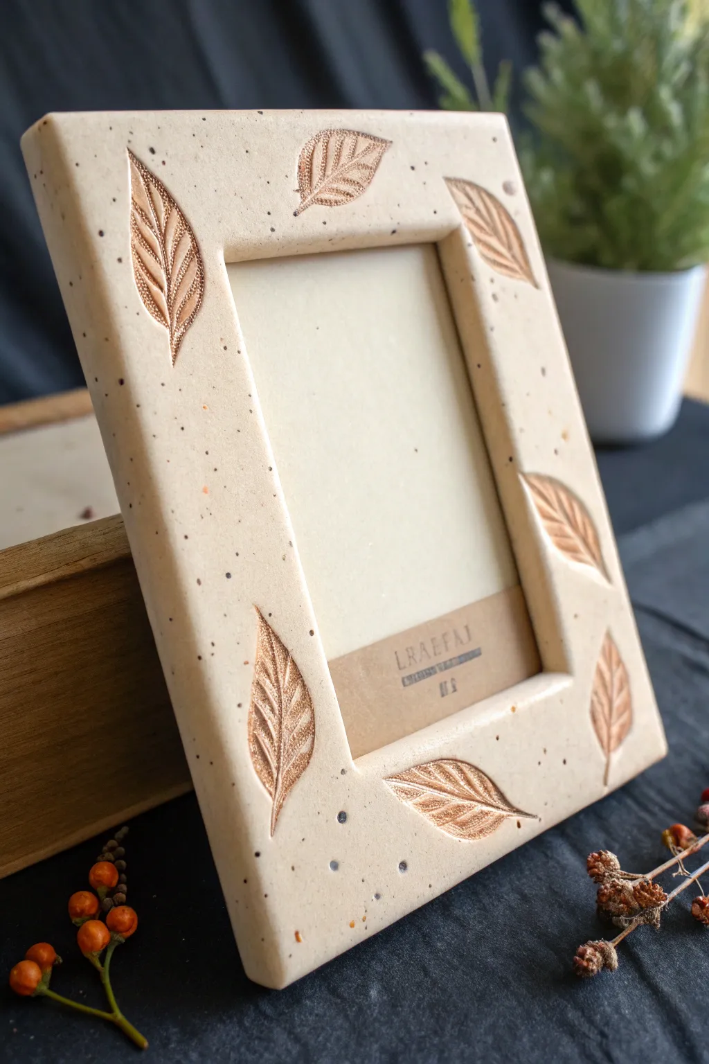 Minimalist clay photo frame with raised banner and tiny leaves, perfect for names or dates