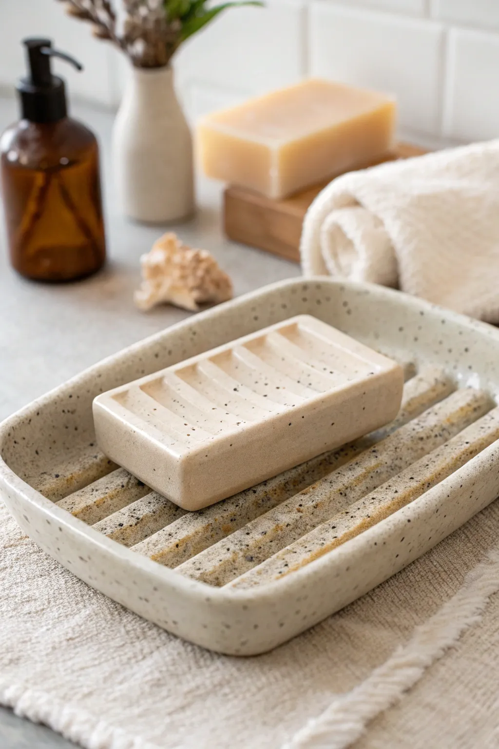 Minimal slab-built soap dish with clean grooves and raised feet, styled in soft earthy tones