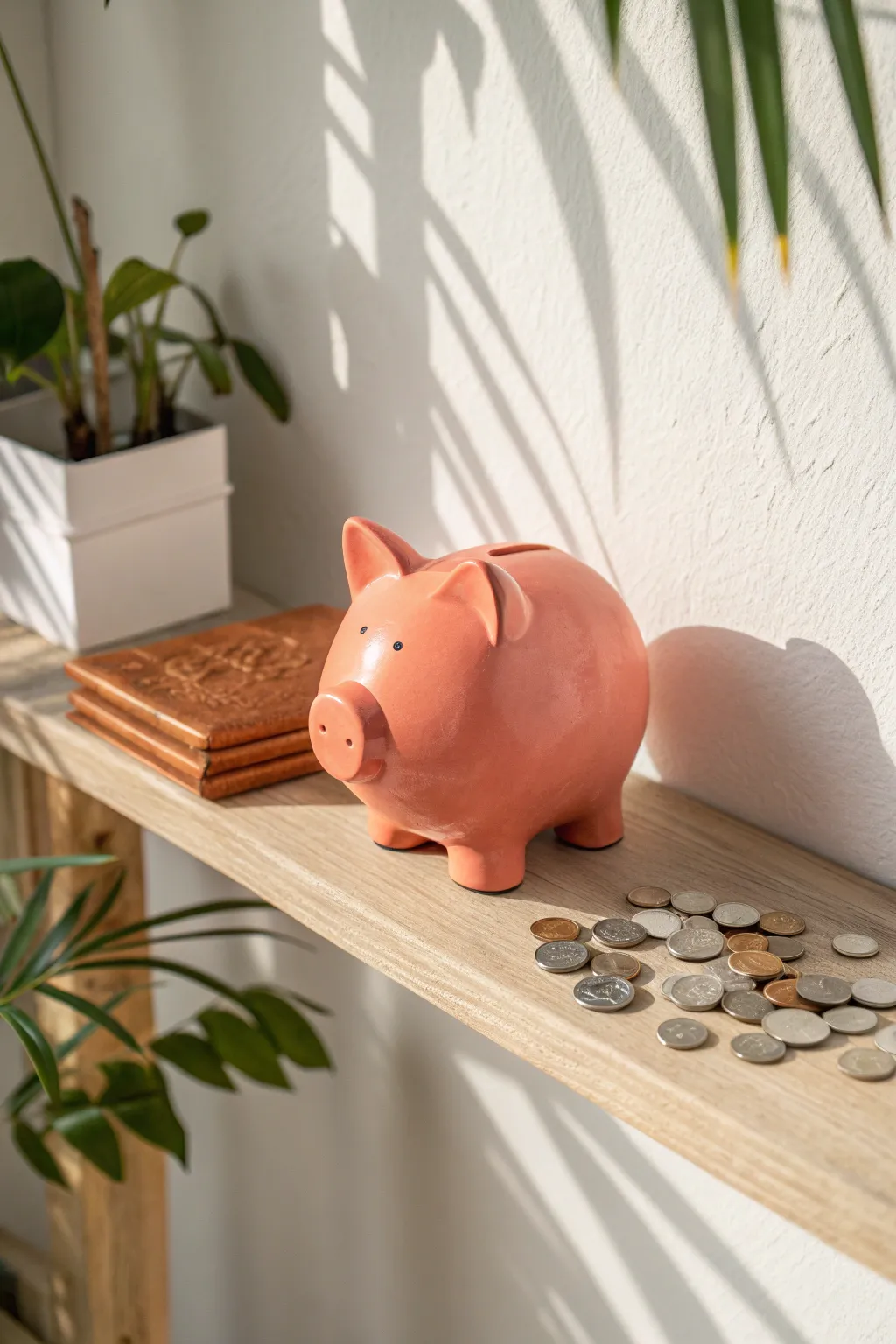 Cheerful painted air-dry clay piggy bank with a soft glossy sheen, styled with coins nearby.