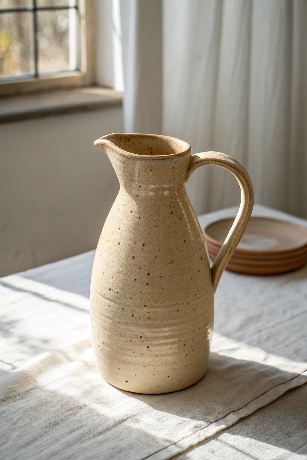 Minimal clay pitcher with elegant pulled handle and seamless join, softly lit for cozy Nordic vibes.