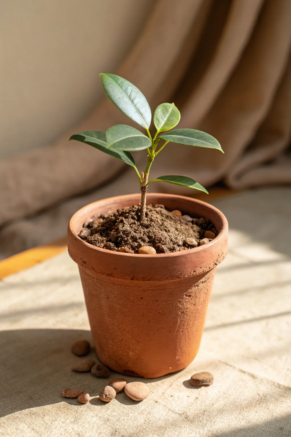 Mini clay plant with faux soil crumbs and pebbles for a satisfyingly realistic pot top
