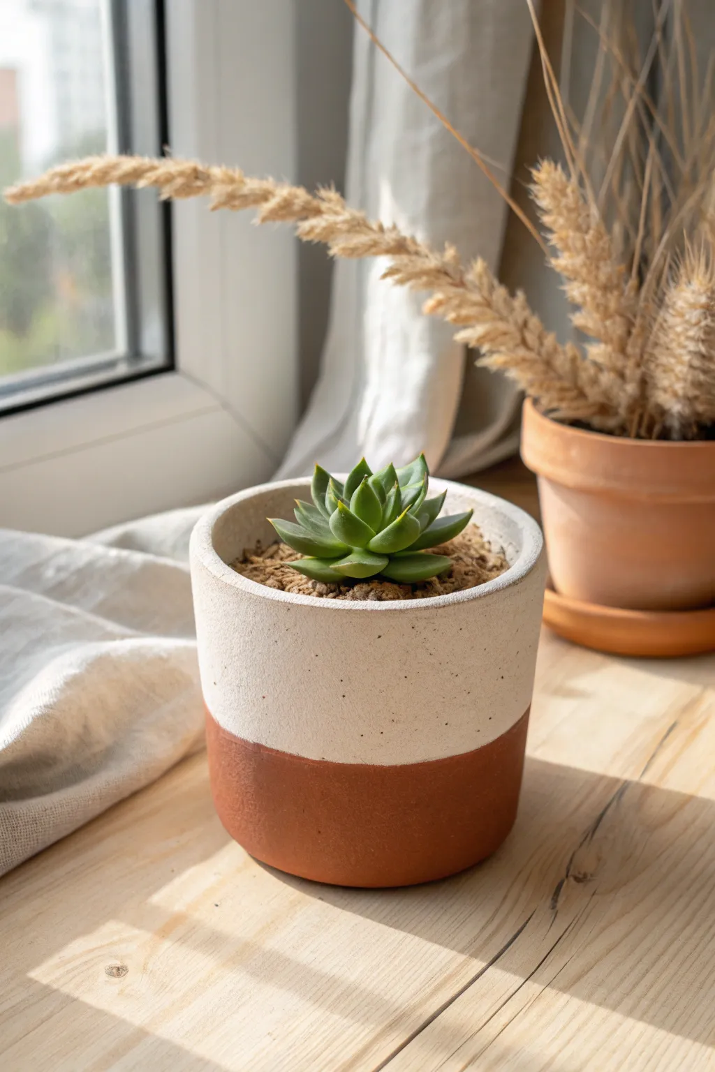 Two-tone dipped clay planter in cream and terracotta, perfect minimalist boho succulent home.