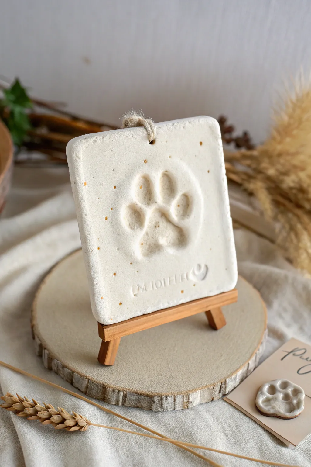 Minimalist clay pawprint plaque in warm neutrals, a cozy keepsake that celebrates your pet.