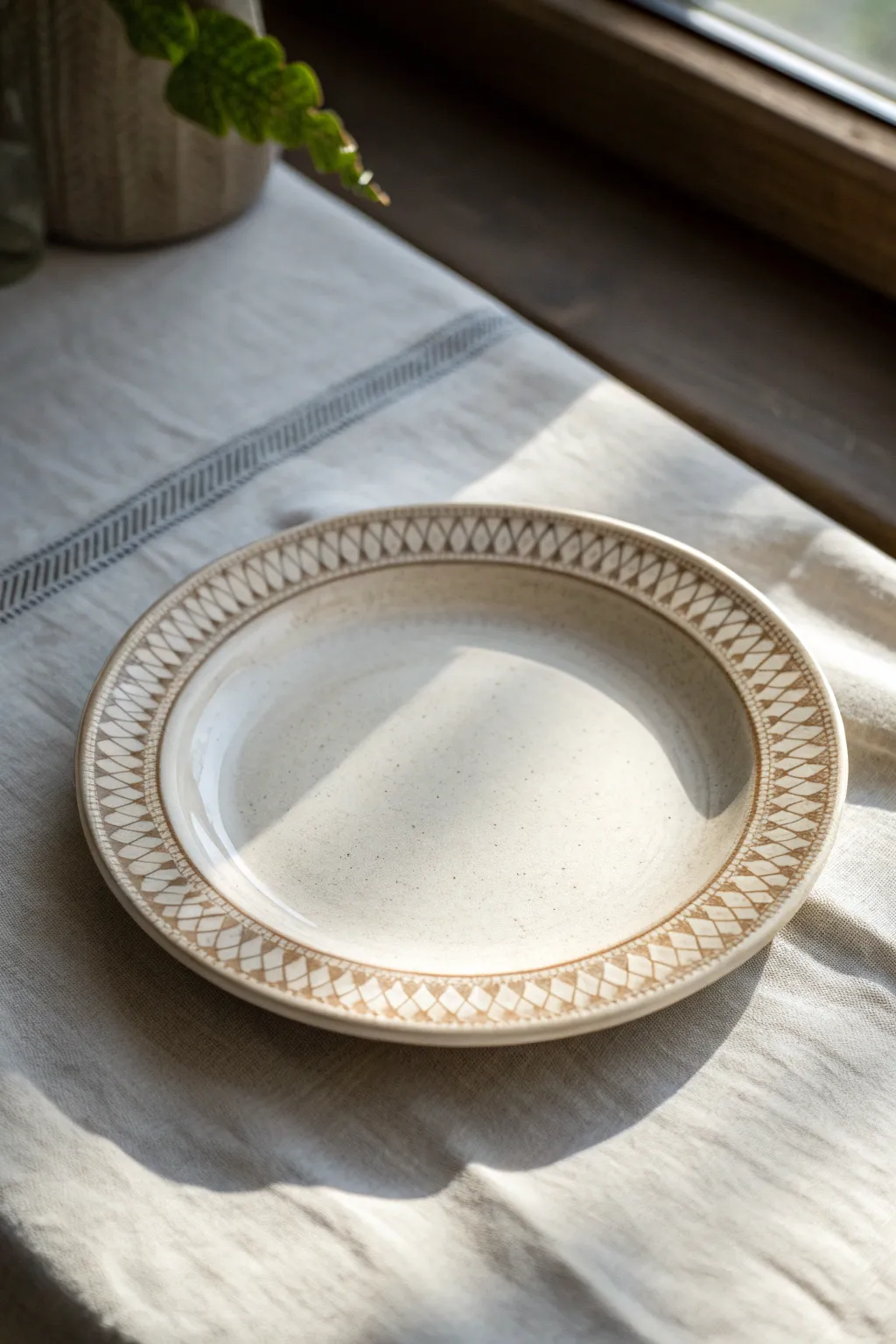Minimal stamped border plate design with a soft wash for crisp, repeat-pattern contrast