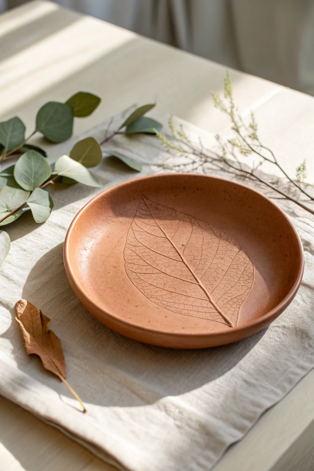 Minimal leaf-imprint clay plate in warm earth tones, simple boho styling for calm tablescapes.