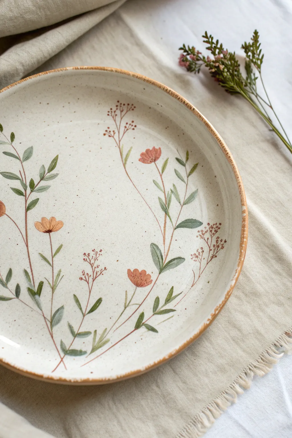 Minimal floral sprigs around the rim make this simple plate painting idea feel fresh and handmade.