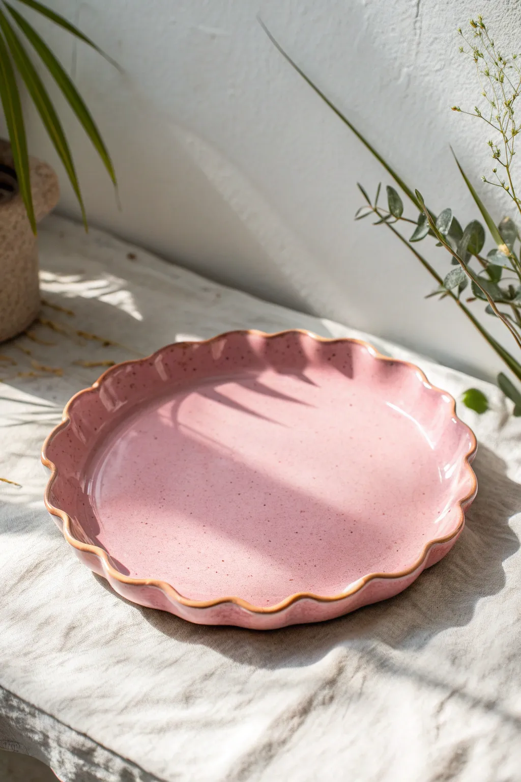 Cheerful scalloped-edge platter in blush glaze, a simple handmade statement for any table.