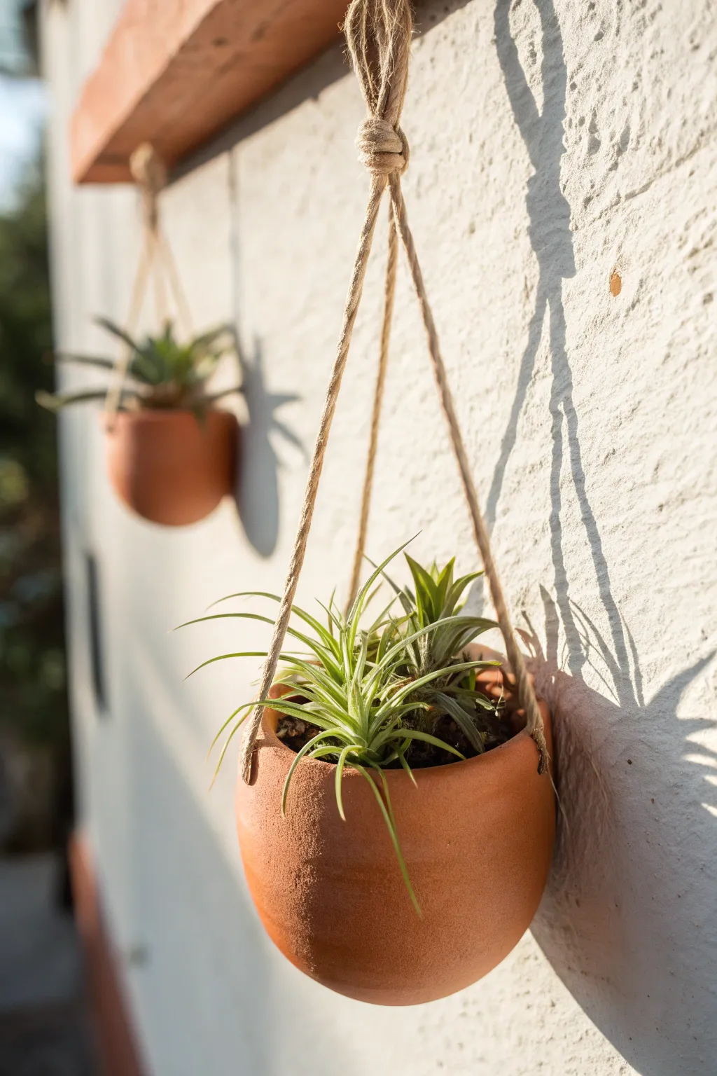 Sunlit clay pocket planter with airy tillandsia, simple loop, minimalist boho wall decor.