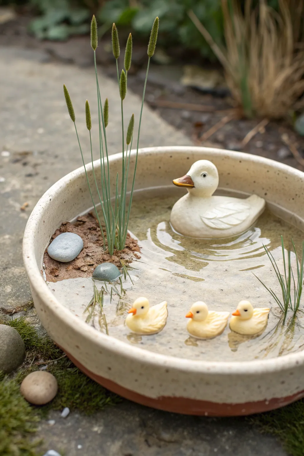 Sweet handmade mini duck pond with mama duck and ducklings, reeds, and muddy shoreline.