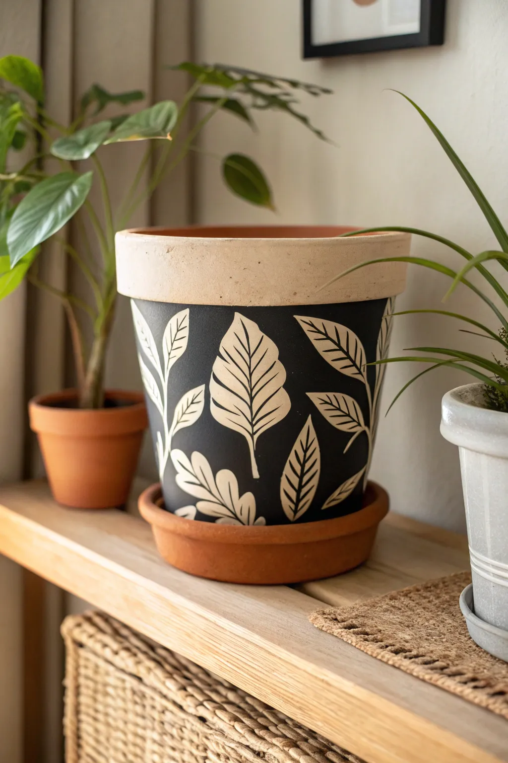 Bold leaf stencils on a terracotta pot, minimalist and boho, styled as a clean shelf accent.