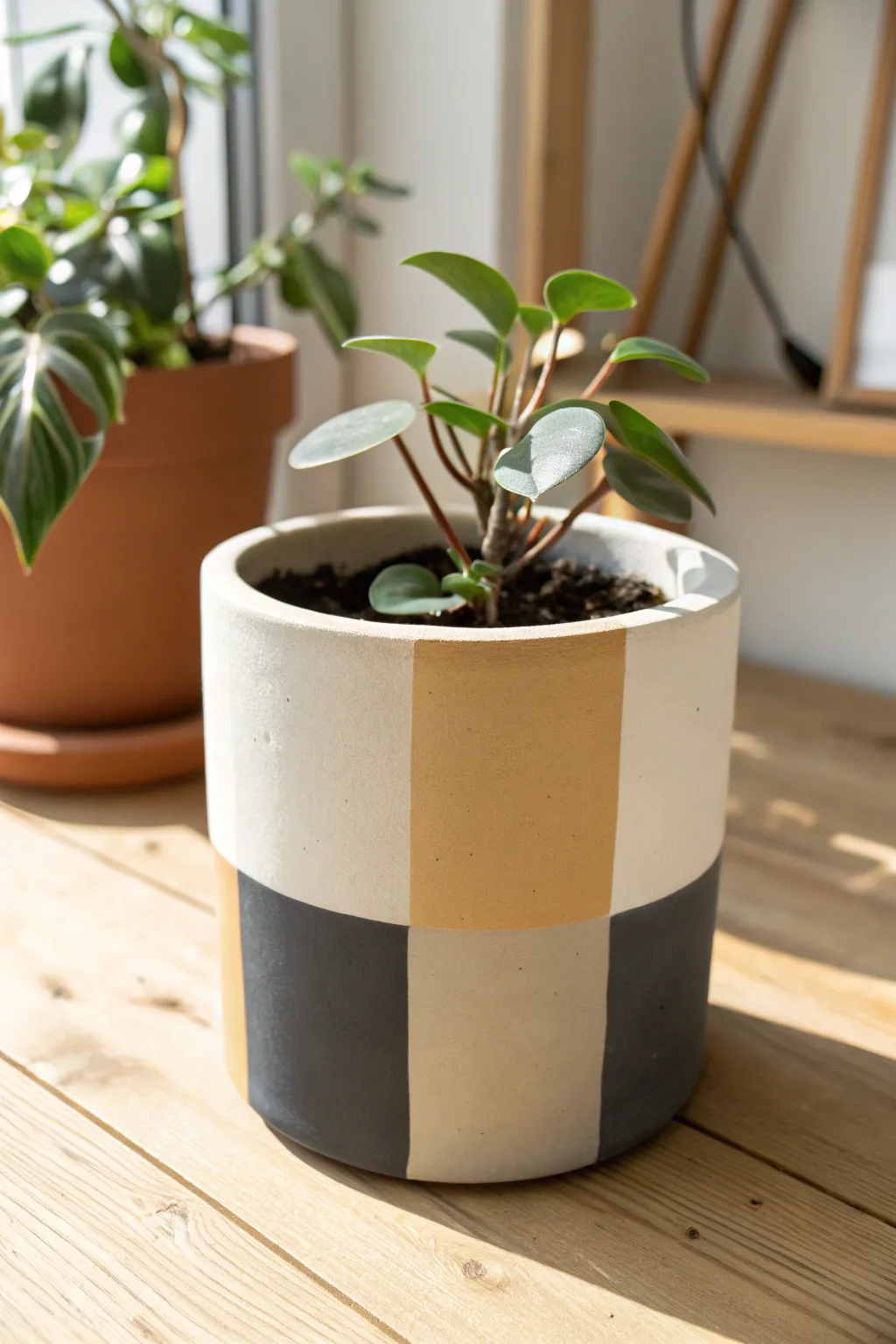 Modern neutral color-blocked clay pot with a sculptural plant for clean Scandinavian vibes