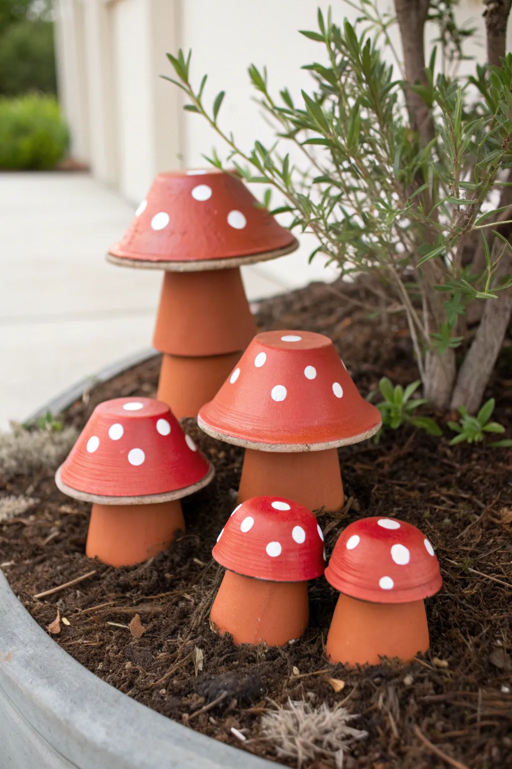 Whimsical terracotta mushroom cluster tucked in mulch, a simple clay pot garden accent.