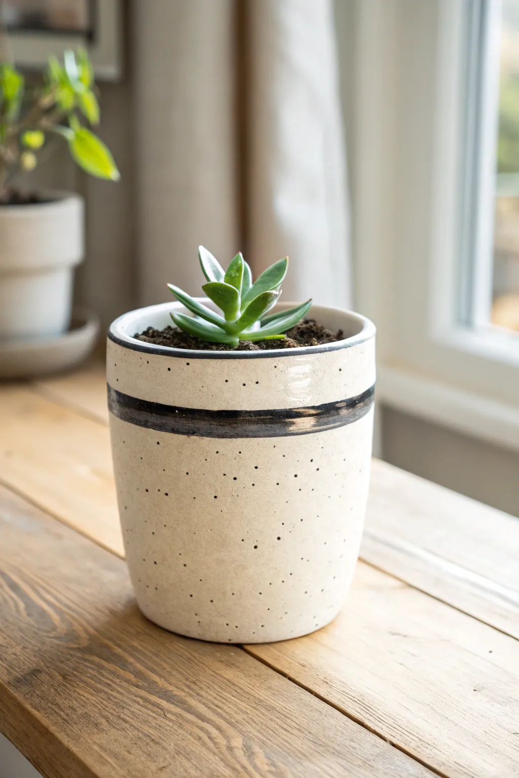 Modern speckled faux-glazed clay pot with a tiny succulent for minimalist boho decor