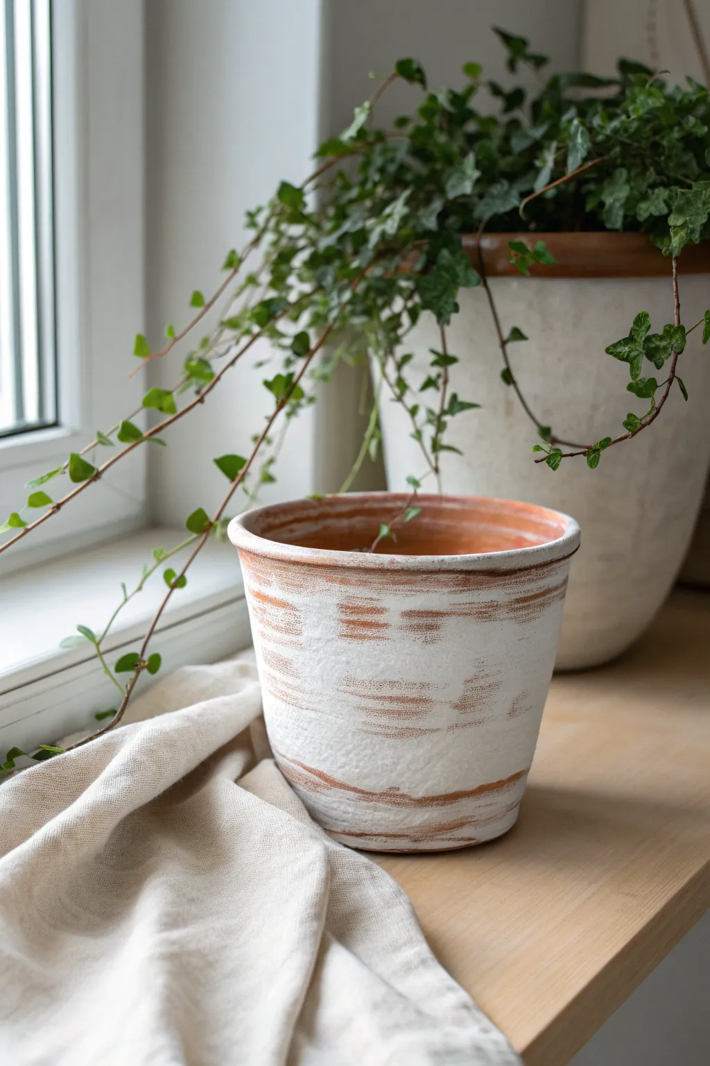 Soft whitewashed clay pot with terracotta peeking through, styled with a trailing plant.