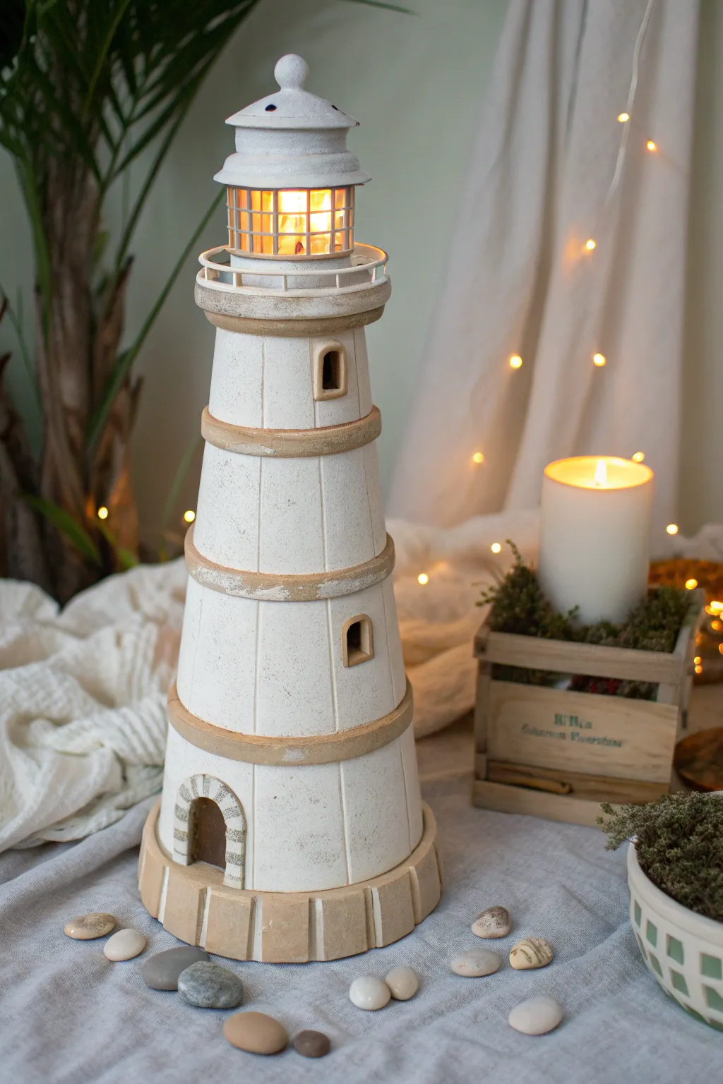 A simple clay pot lighthouse topped with a glowing solar beacon, perfect for cozy dusk garden light.