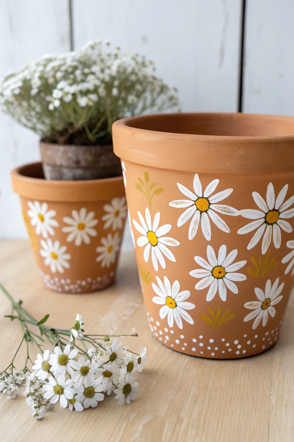 Easy daisies and tiny wildflowers on terracotta for a clean, boho-minimal painted pot look