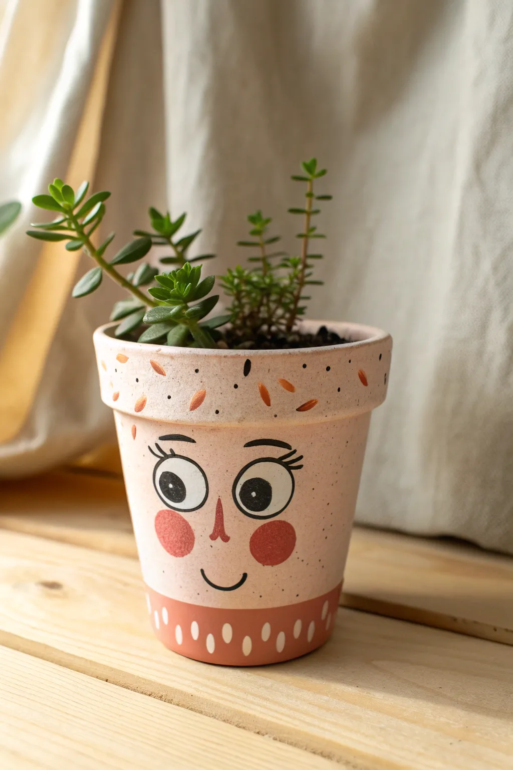 Cute silly-face pot painting for kids, bold simple features in a cozy Scandinavian setting