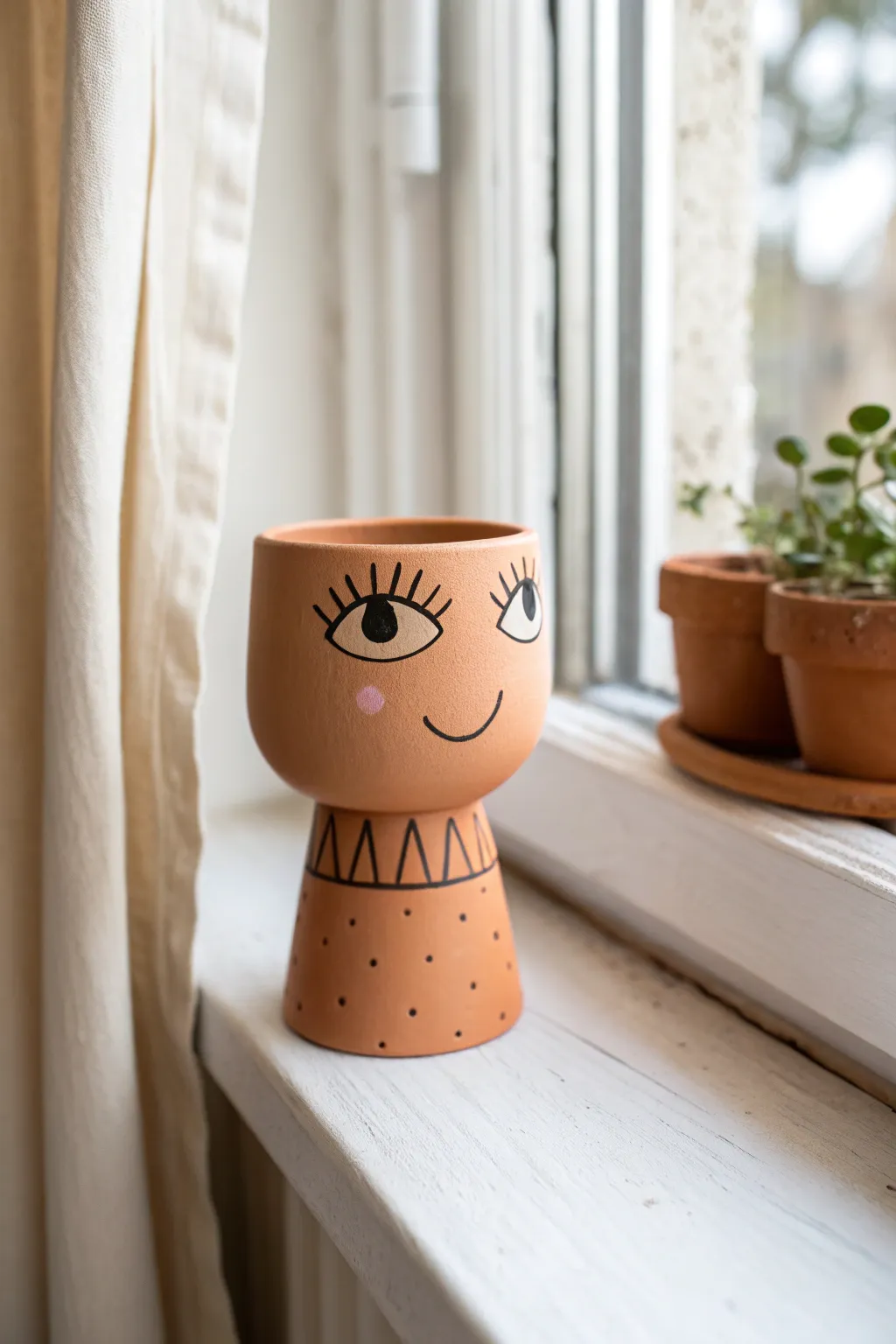 Winking clay pot person with painted lashes, minimalist boho charm for your sunny sill.