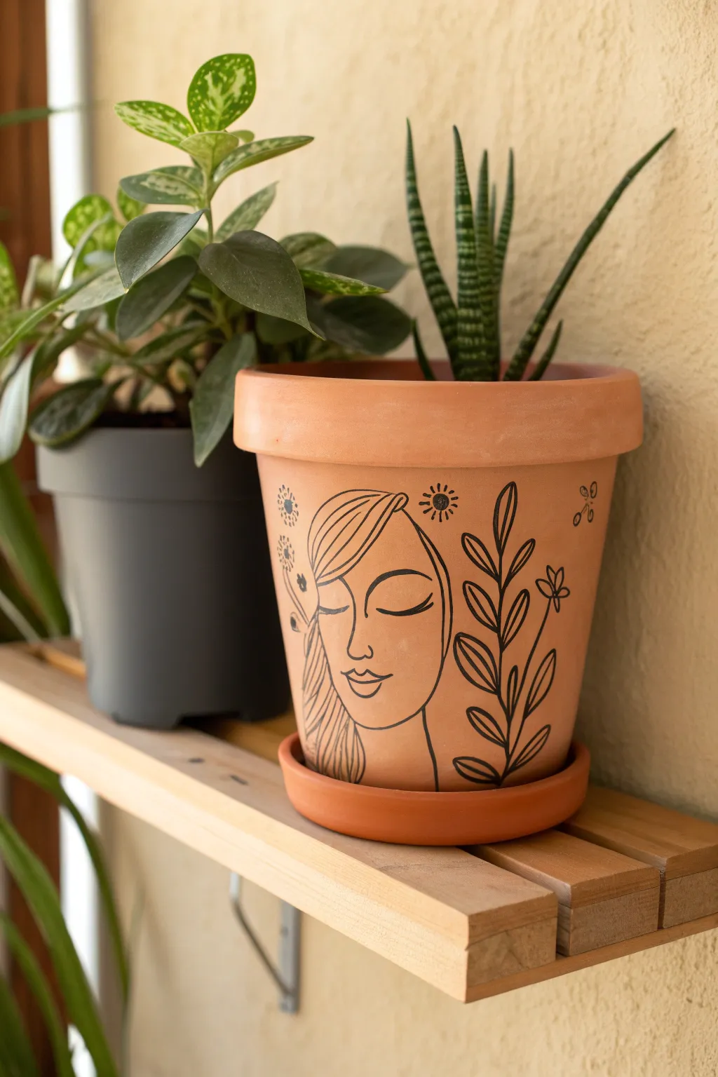 Minimal line-art terracotta planter on oak shelf, simple, modern, and easy to recreate at home.