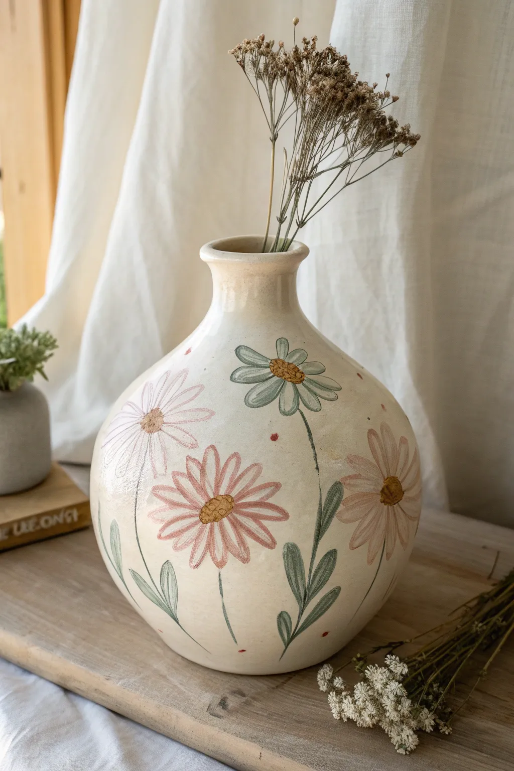 Hand-painted floral vase in soft Scandinavian tones, simple boho blooms and warm contrast.