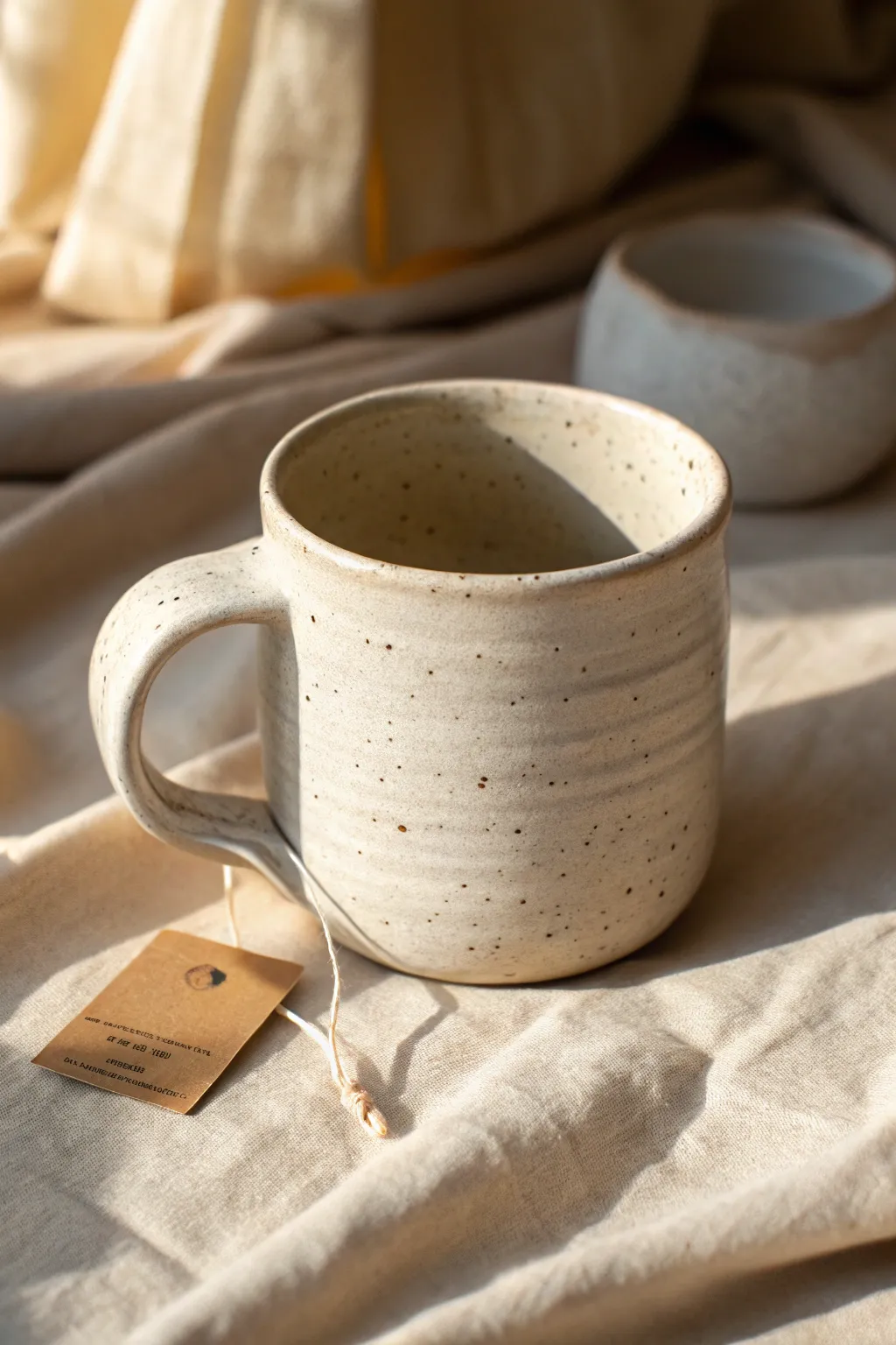 Chunky beginner-friendly slab mug with a simple handle, styled minimal and cozy on linen.
