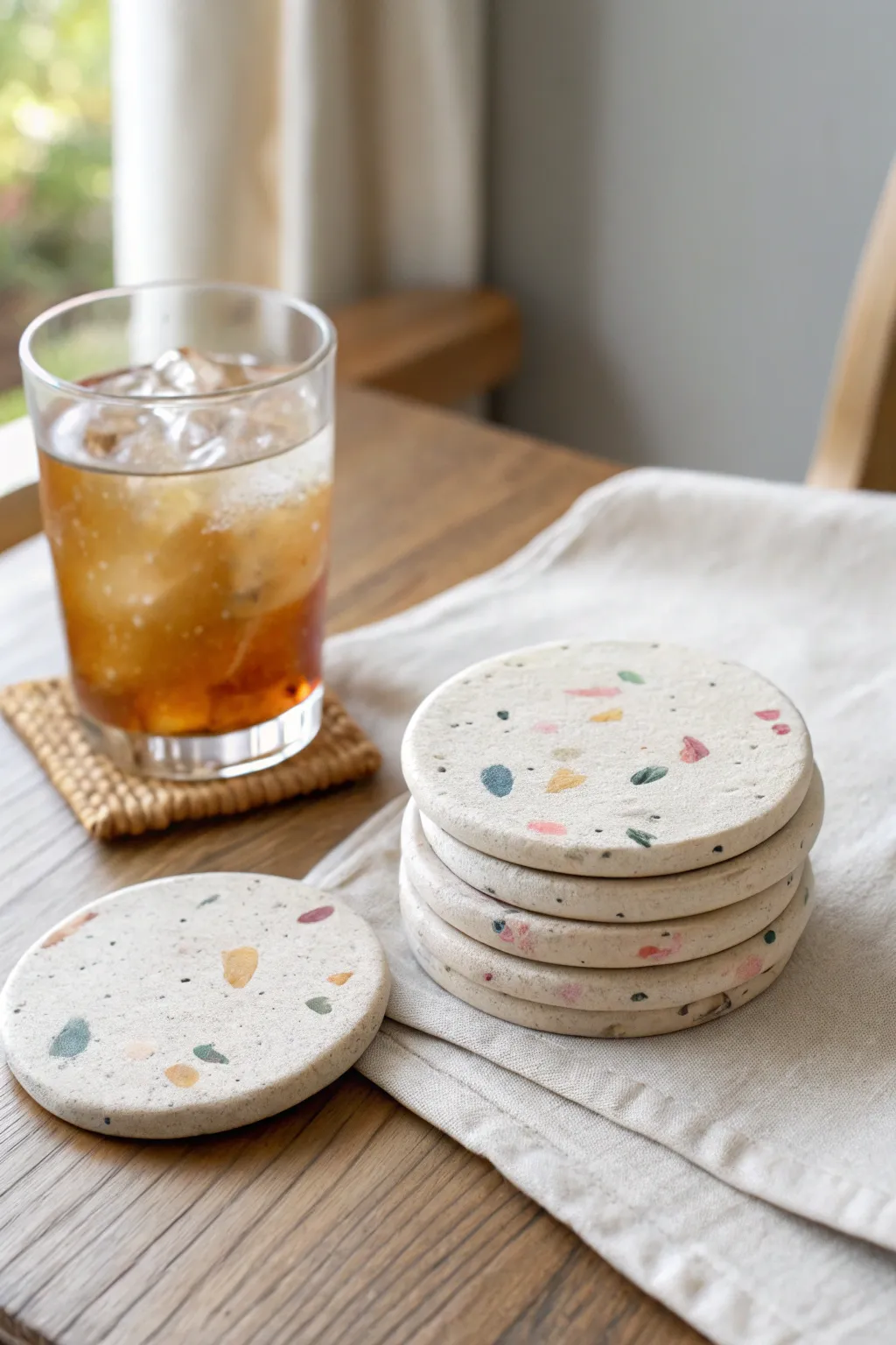 Speckled terrazzo clay coasters with a handmade feel, stacked simply and ready to customize.