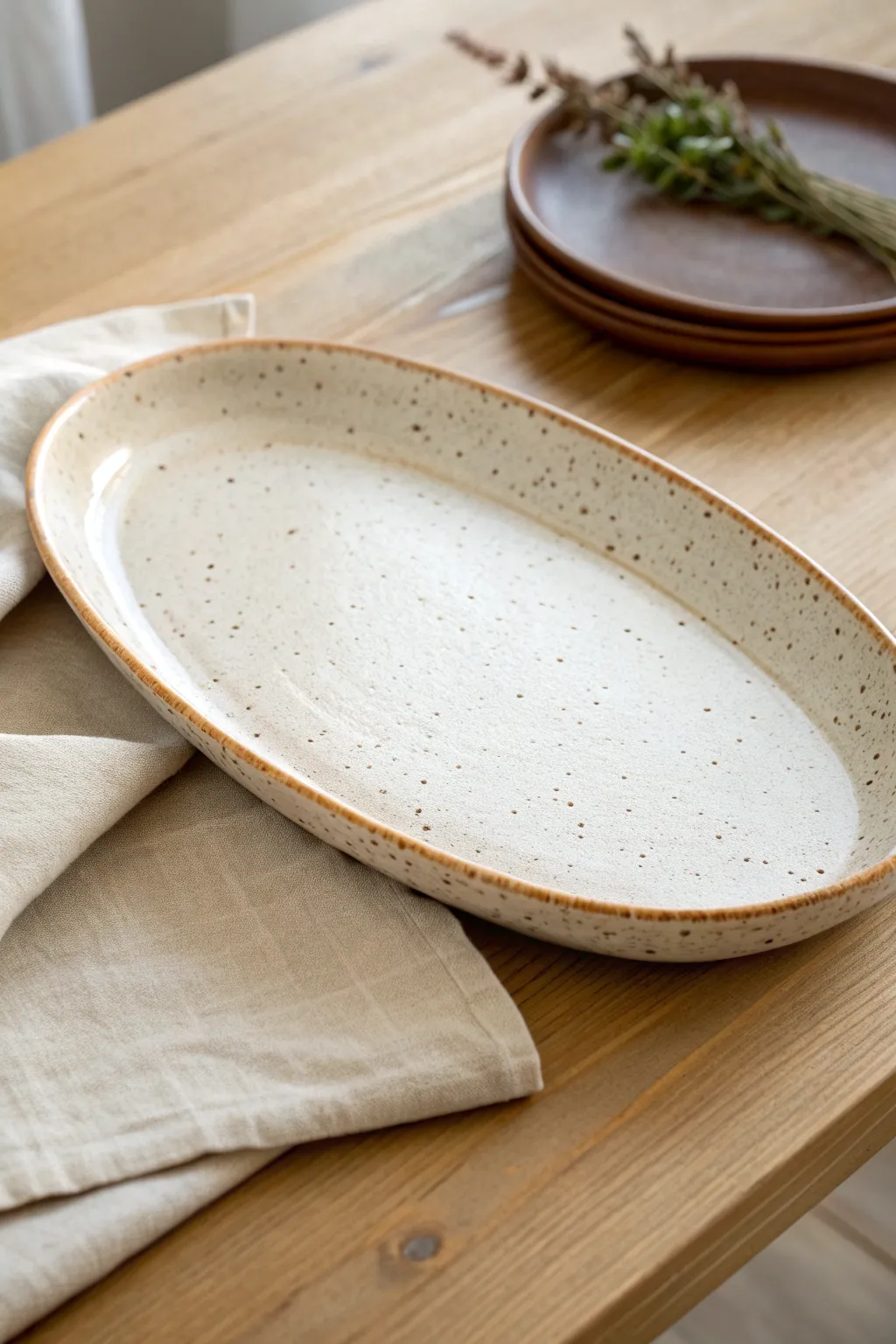 Handmade slab platter with pressed texture and clean border, styled with linen for a modern look.