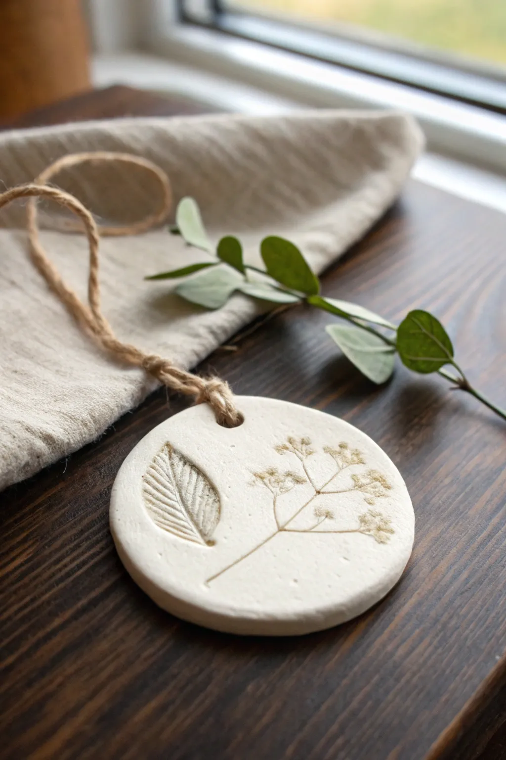 Delicate leaf and flower imprint clay ornament, simple to make and perfect for kids crafts.