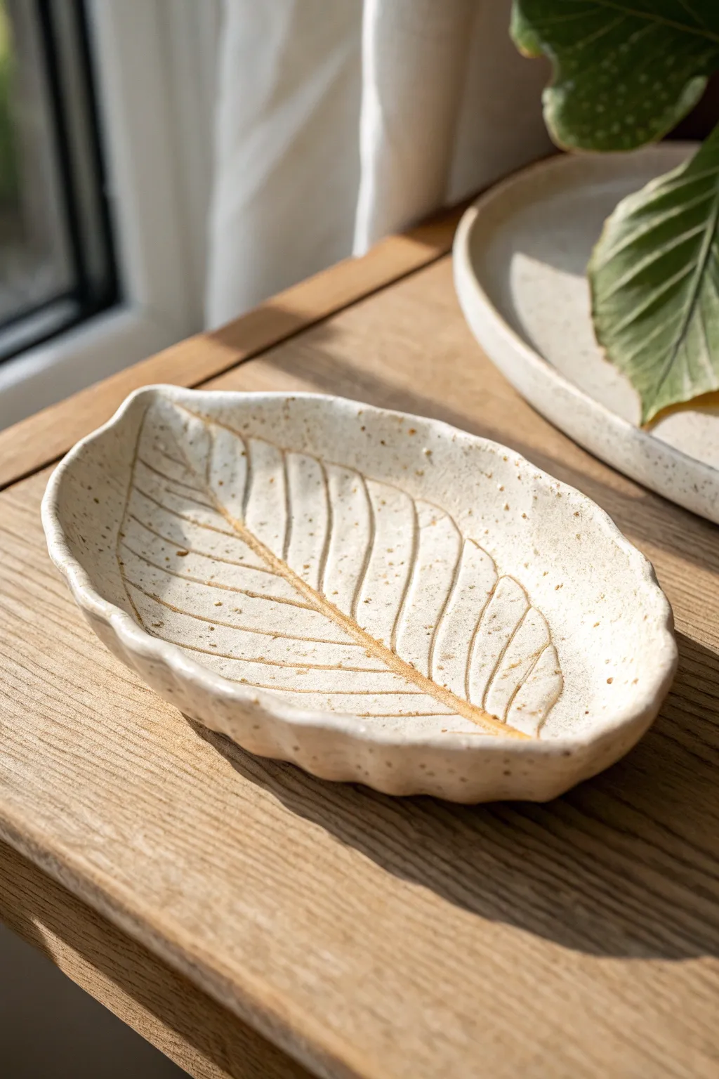 Simple leaf-imprint trinket dish with a wavy rim, perfect for an easy middle school clay win
