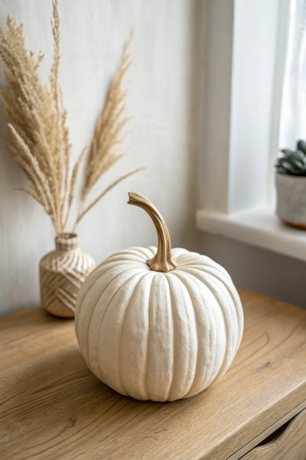 Matte white clay pumpkin with subtle ribbing, styled simply with dried grasses and soft fall light