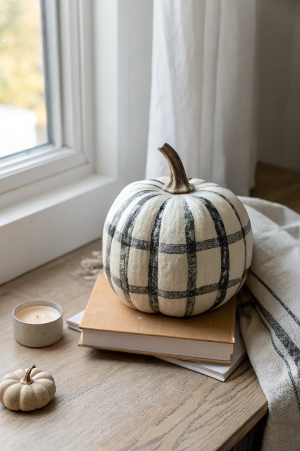 Cozy farmhouse buffalo plaid on a bisque pumpkin, styled simply with candlelight and books