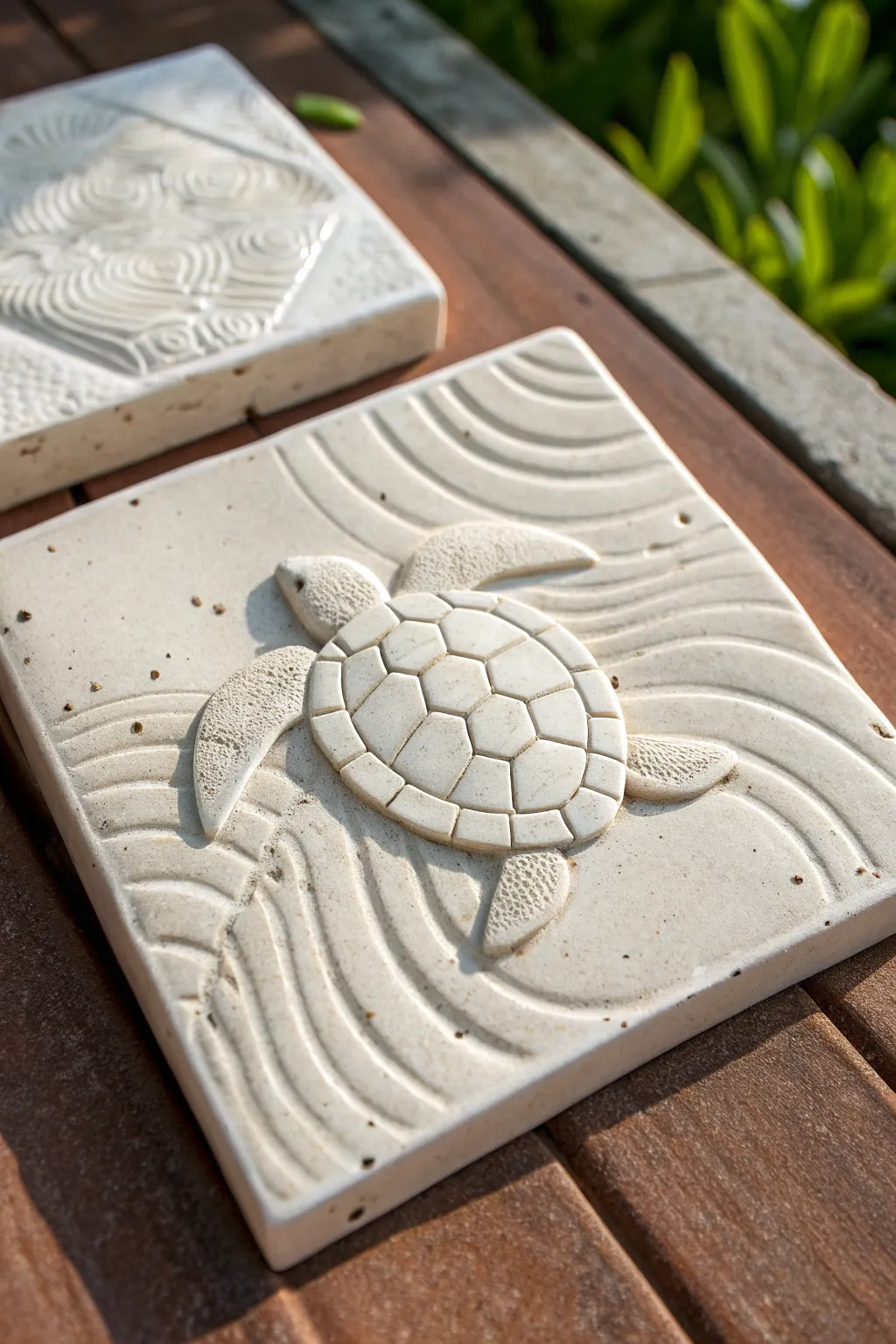 High-relief sea turtle over calm ripples, a simple clay idea with serene coastal texture.