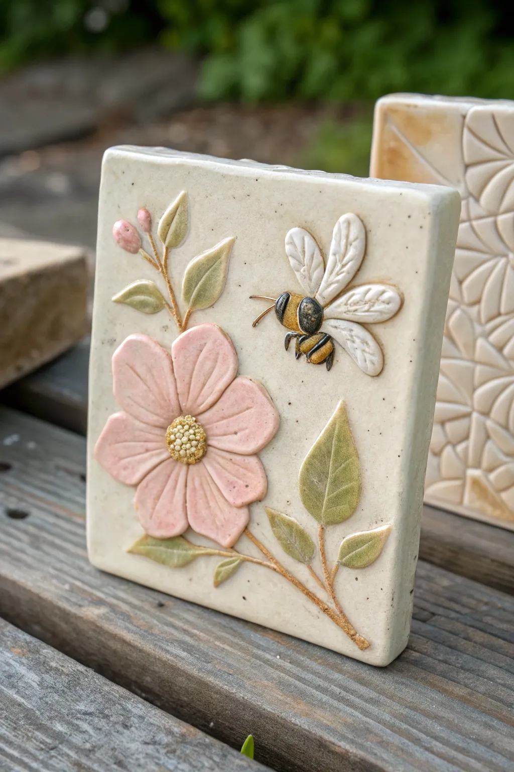 High relief bee and blossom tile in soft boho neutrals, a cheerful focal piece for your wall.