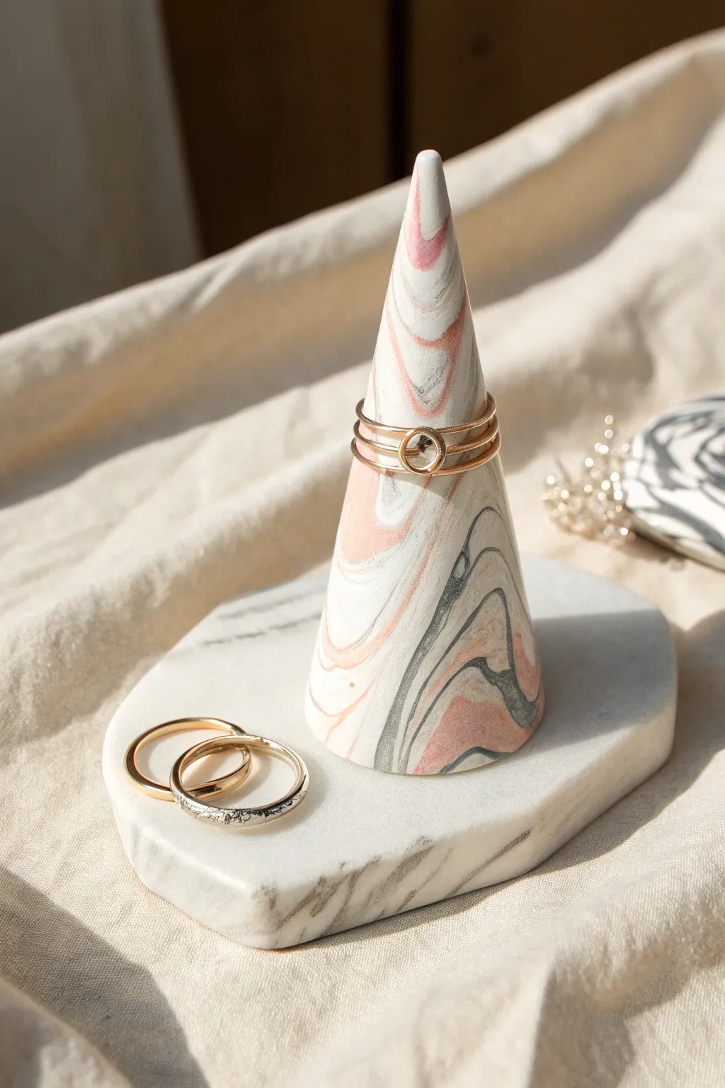 Marbled clay cone ring holder with delicate gold and silver rings, minimalist and softly boho
