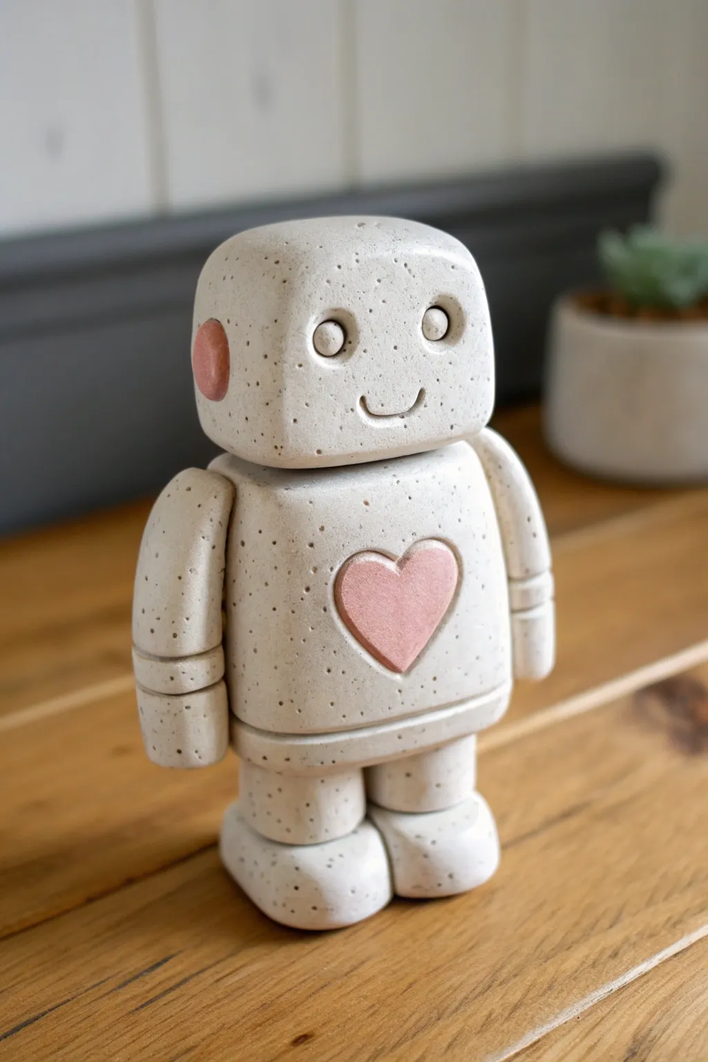 Sweet heart-panel clay robot, minimalist Scandinavian style with a cozy boho touch.