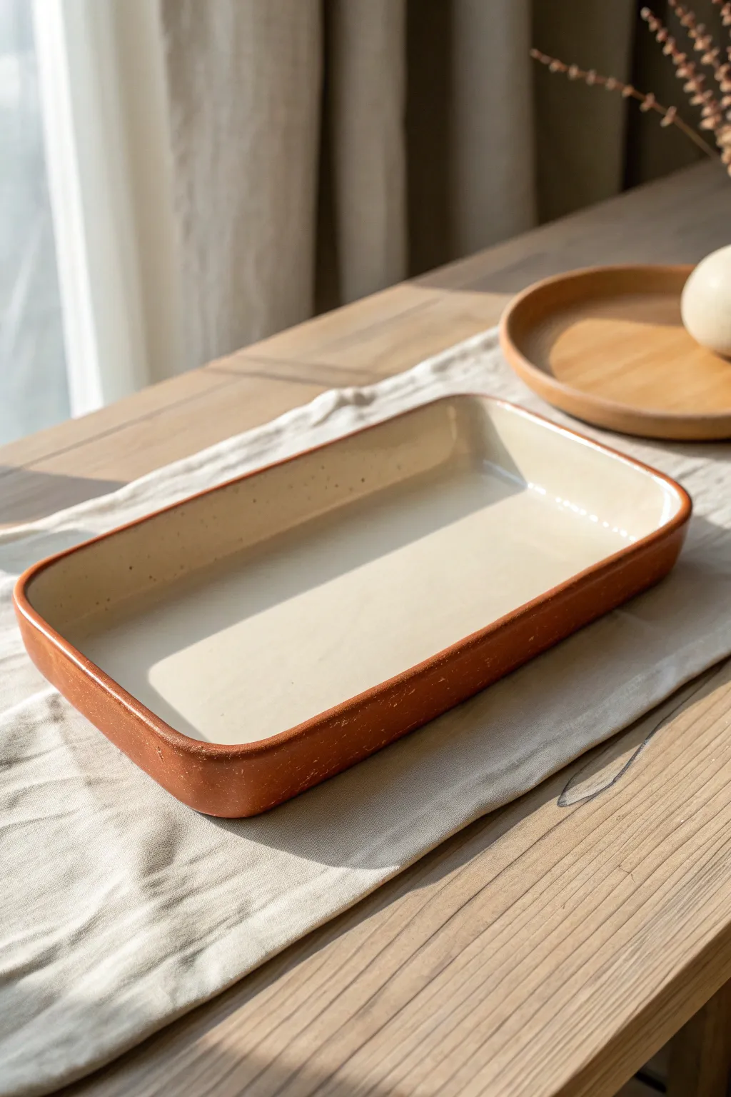 Two-tone rim-dipped clay rolling tray, Scandinavian minimal with a soft boho touch and crisp contrast.